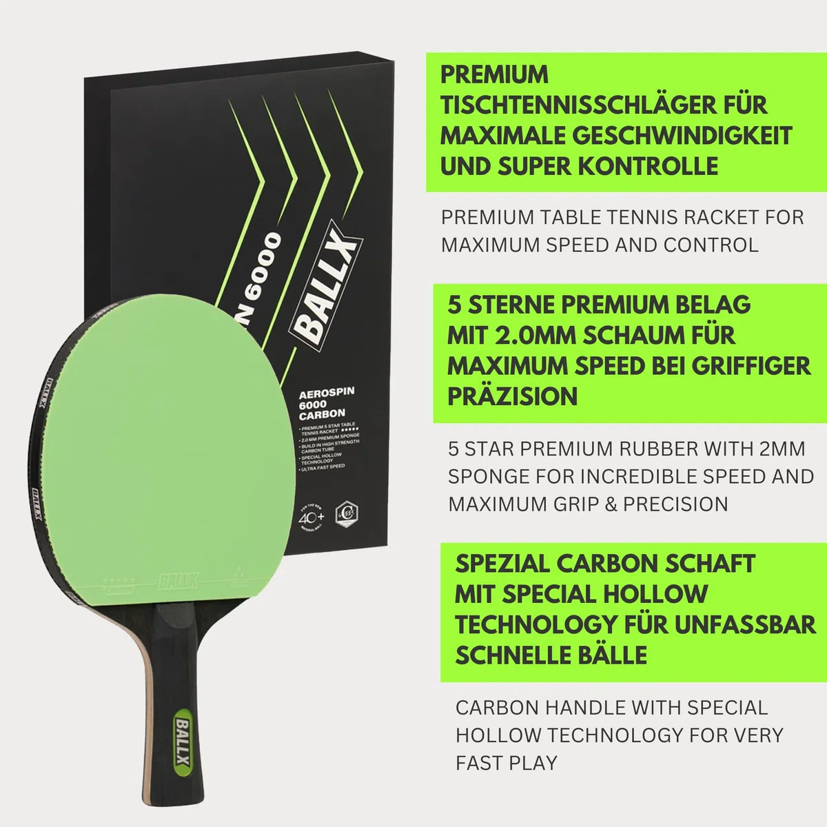 Pro Carbon - Racchetta da Ping Pong Professionale AeroSpin 6000 | 5 Stelle | Cazzuola da Ping