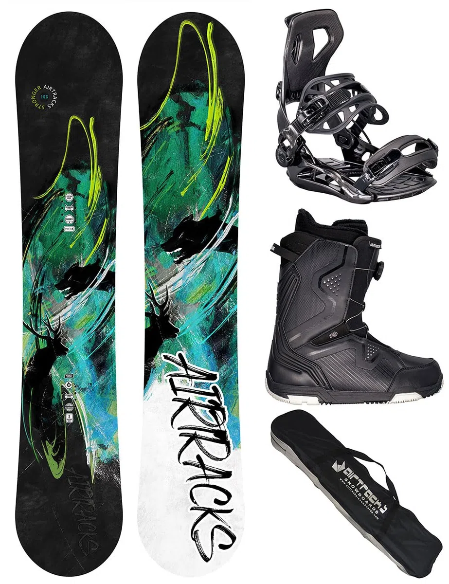 Airtracks Set snowboard da uomo Wide Stronger Freestyle Freeride 165 – Snowboard Bindung Master – Softboots Strong ATOP 47 – SB Bag