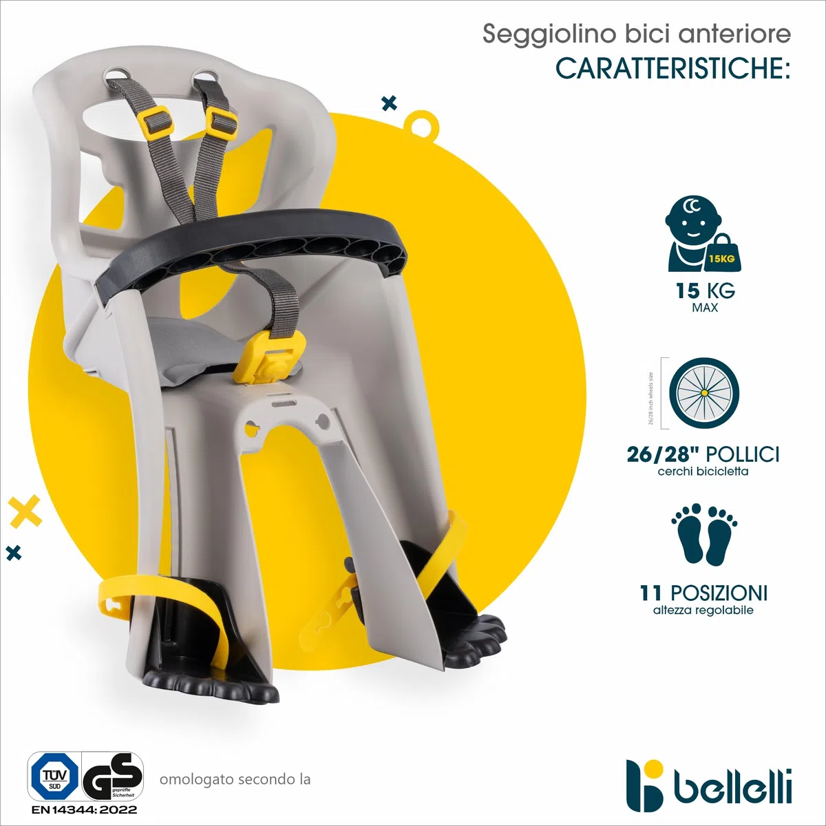 Bellelli | Tatoo Plus - Seggiolino Anteriore per Bicicletta - per Bambini Fino a 15 kg, da 9 Mesi a 3 Anni - Si Fissa al Manubrio - Colore Silk Grey