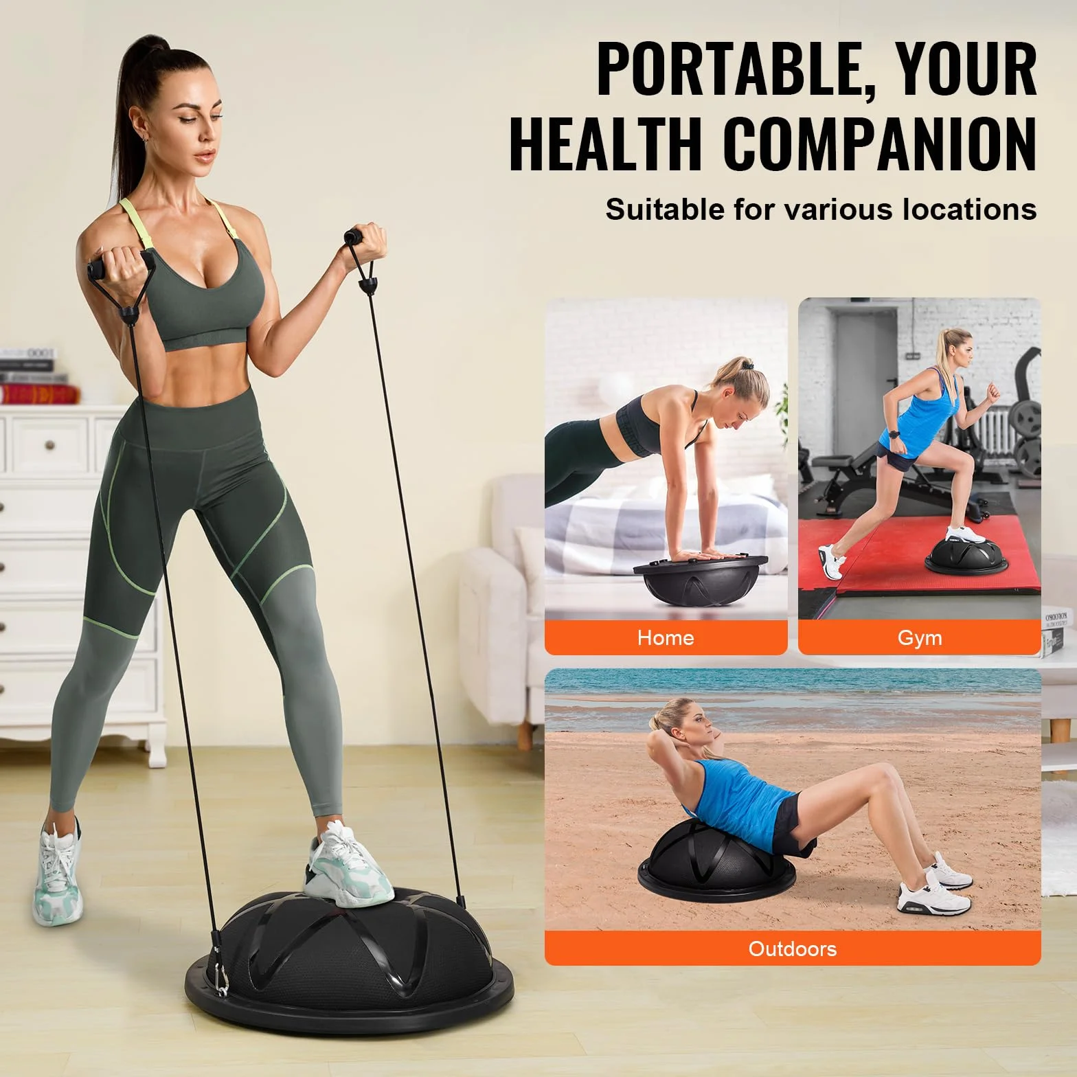 VEVOR Mezzo Allenatore Palla Capacità Portante 300 kg, per Esercizi, Equilibrio, Stabilità Palla Yoga Fitness con Fasce di Resistenza Pompa a Pedale, Allenamento Corpo di Palestra Casa, 58 cm Nero