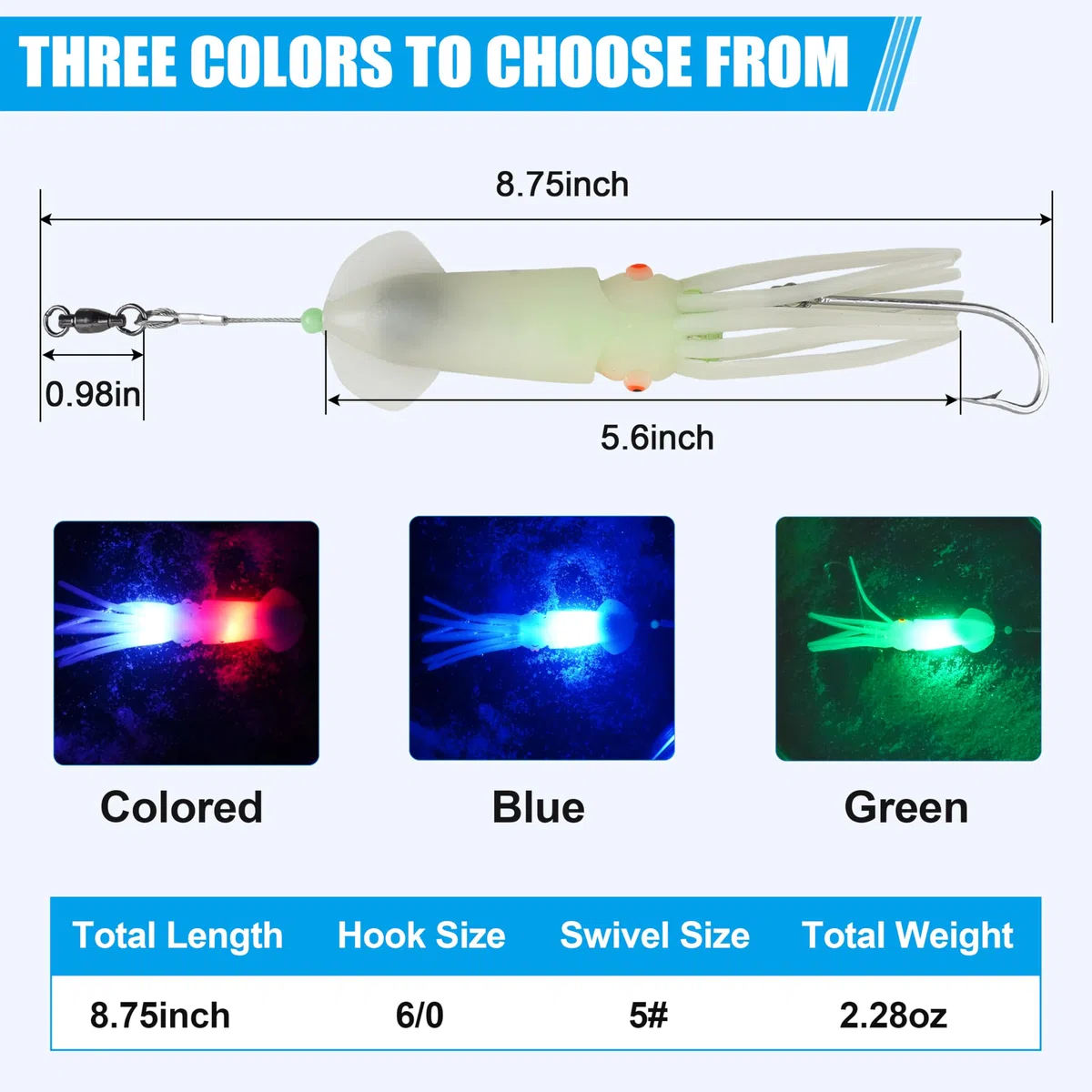 Esche da pesca per calamari in acqua salata, esche a LED illuminate per calamari, morbide, per pesca a traina, calamari, luci lampeggianti, per halibut, lingcod, sgombro, tonno striper
