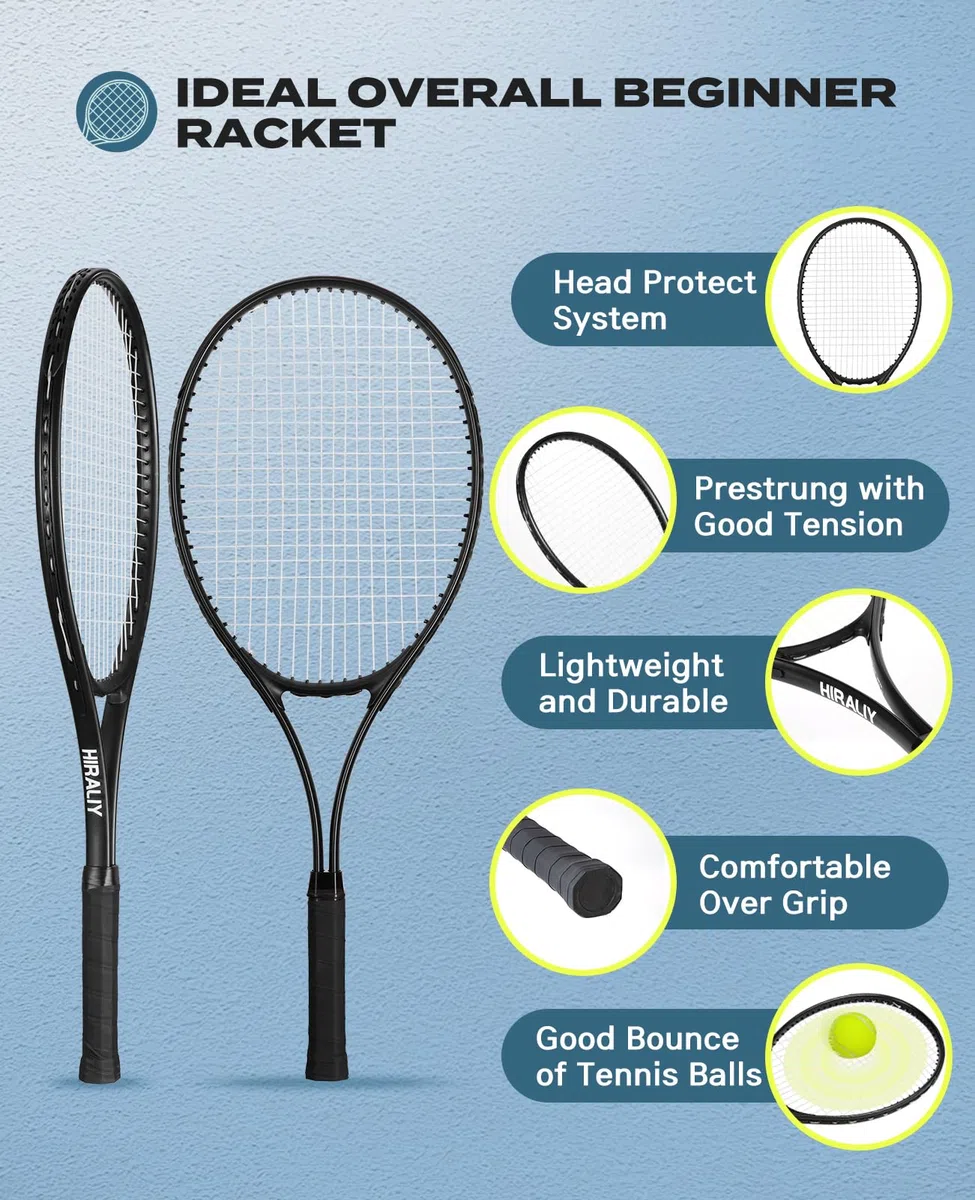 HIRALIY Confezione da 2 racchette da tennis per adulti principianti – Set di racchette da tennis in alluminio leggero da 68 cm, con 3 palline e borsa per il trasporto, smorzamento delle vibrazioni e