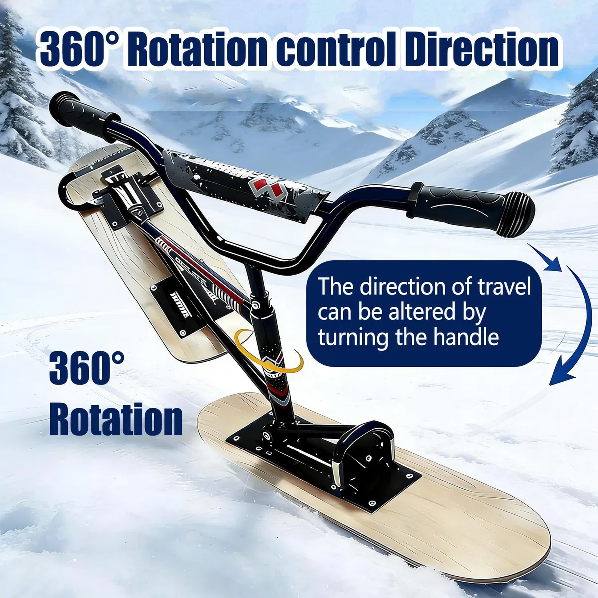 Monopattino da sci con sterzo girevole a 360°, sci da neve per tutti i terreni per bambini e adulti, telaio rinforzato, supporta fino a 100 kg, ideale per l'uso in backcountry