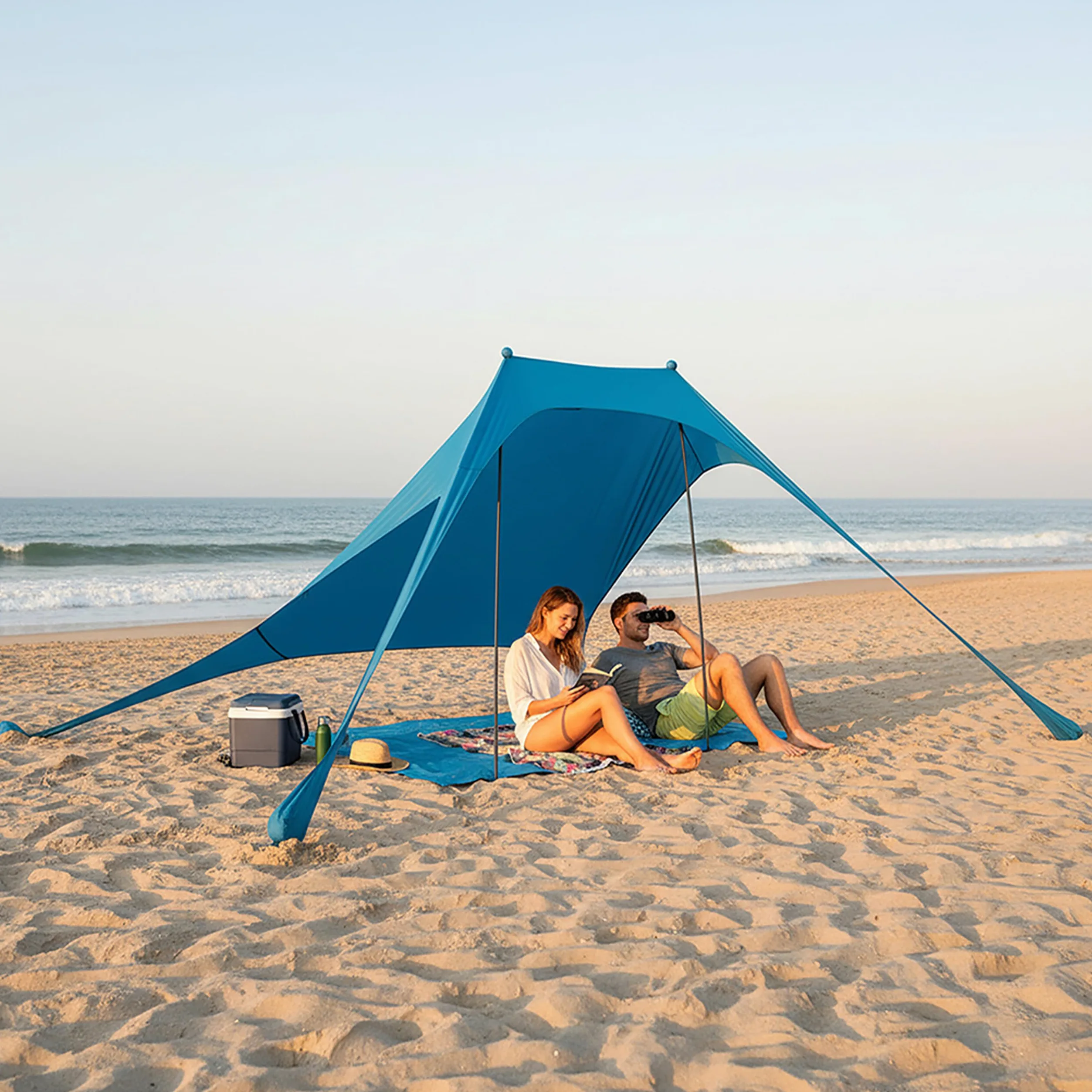 Relaxdays Tenda da Spiaggia con Protezione UV 50+, per 2-4 Persone, 200 x 210 cm, Sacca, Blu