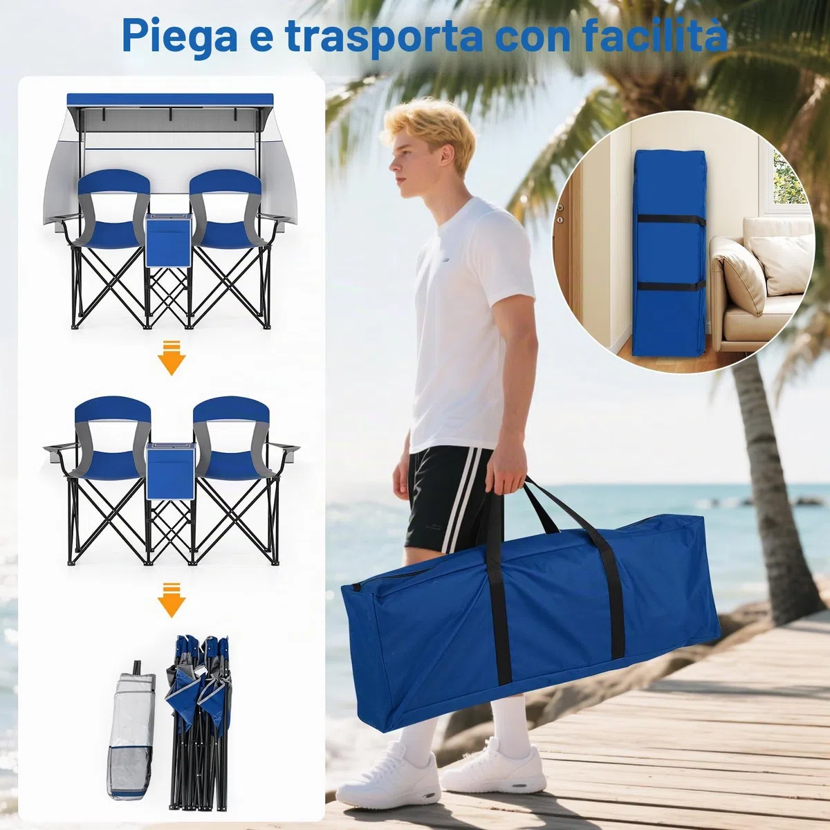 KOMFOTTEU Sedia Pieghevole da Campeggio Doppia, 2 Sedie da Esterno con Tettuccio Regolabile, Sedia da Pesca Portatile per Picnic con Borsa Termica, Portabicchiere, Borsa da Trasporto (Blu Navy)