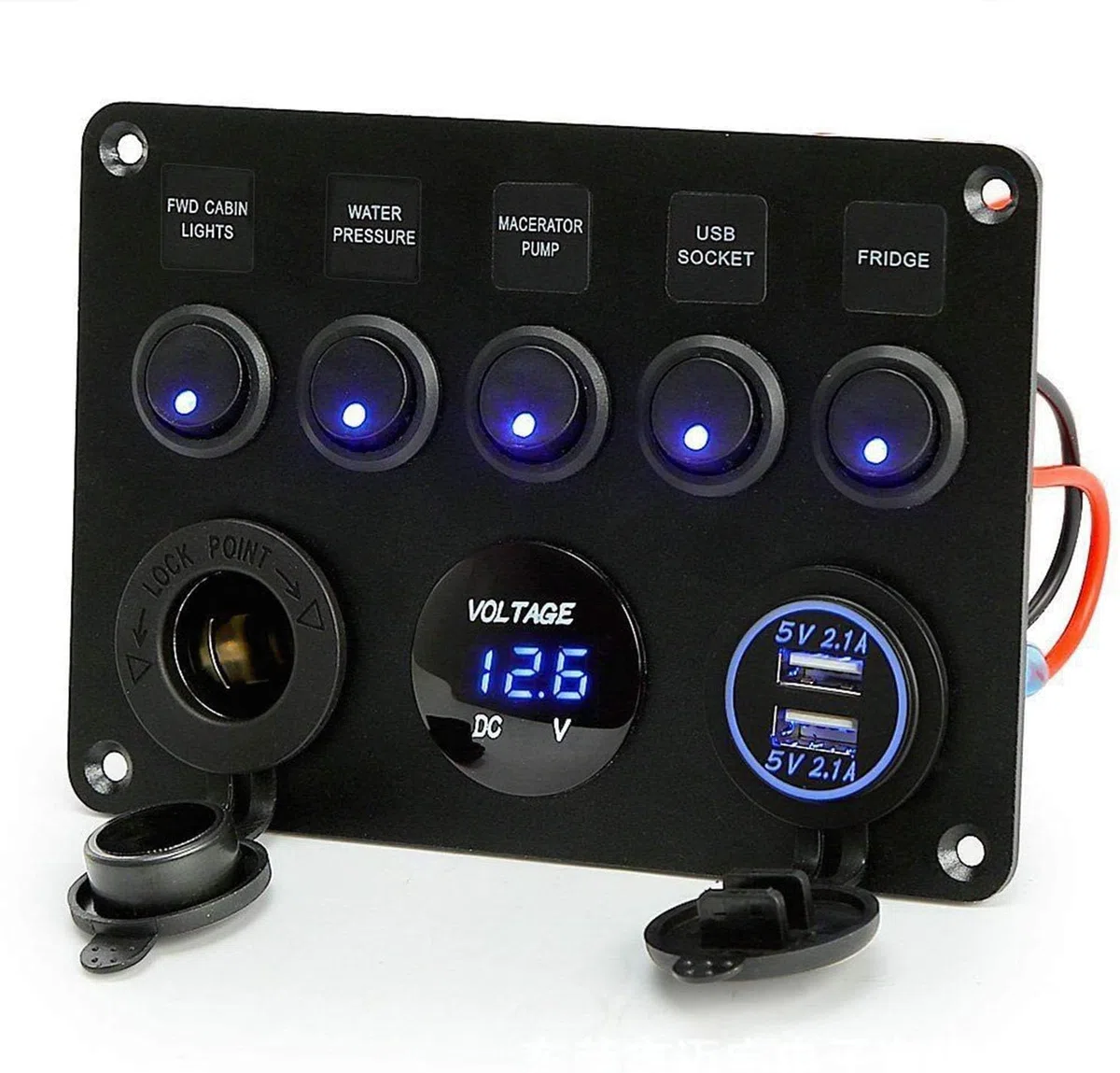 Pannello Interruttori 5 Gang Interruttore a Levetta ON-OFF 2USB Presa Voltmetro a LED 12V 24V Presa di Corrente per Marine RV Truck(BLUE)