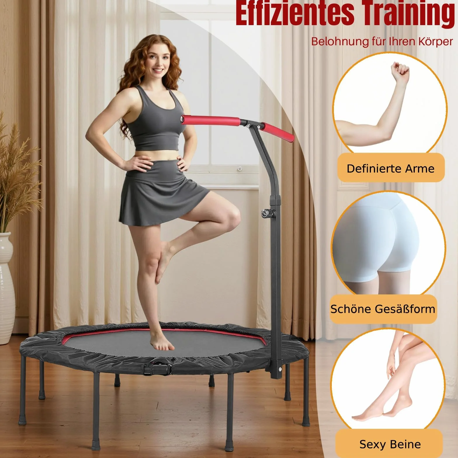 LIFERUN Mini trampolino elastico da interno per adulti Ø128 cm,Piccolo trampolino elastico da fitness,Jump Rebounder per allenamento,Capacità di carico 150 kg,Maniglie regolabili,Casa,Rosso