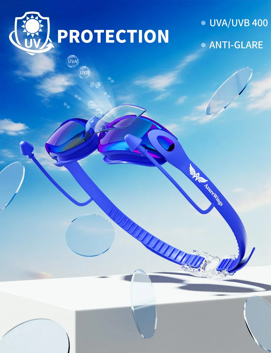 Occhialini da nuoto anti perdite, anti-appannamento e UV, per adulti, uomini e donne, lenti specchiate in policarbonato ad alta visibilità