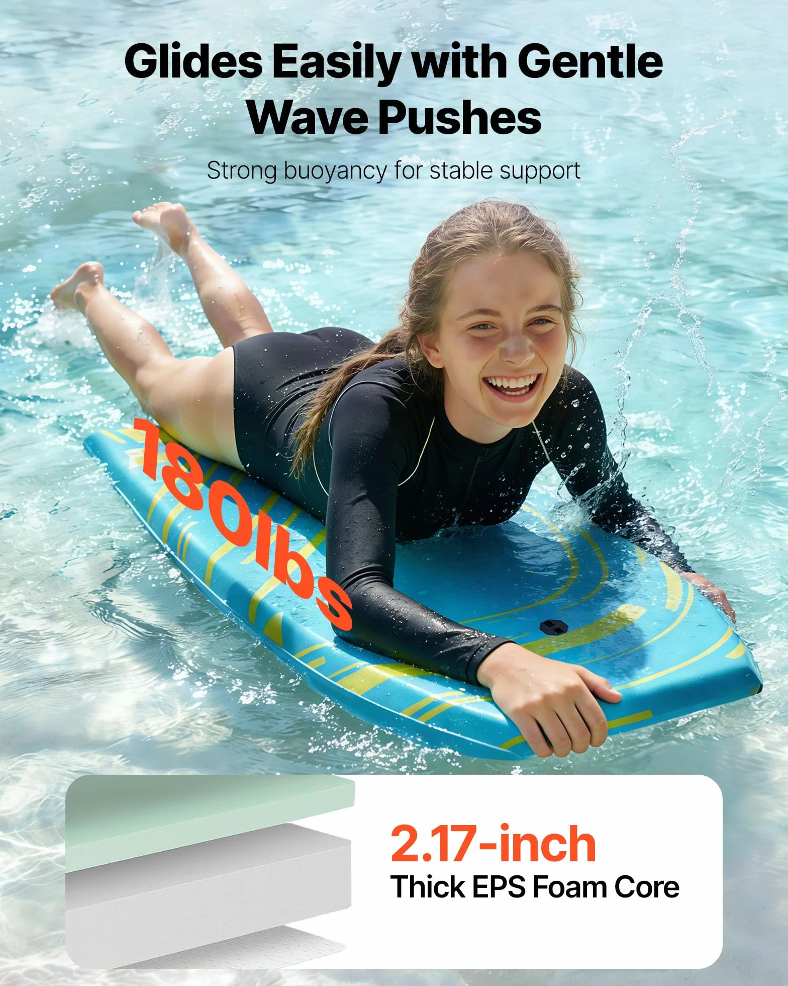 VEVOR Tavola Bodyboard 105,5 x 52 cm Tavola da Onda in IXPE HDPE in Schiuma EPS Tavolina da Surf con Laccio da Polso, Protezione UV per Principianti Carico max 82 kg, Tavolina Nuoto da Mare