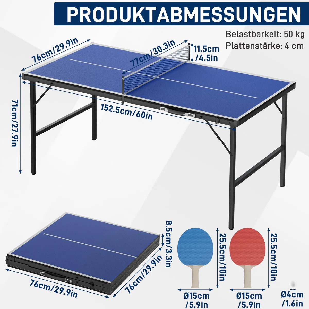 LILIIN Mini tavolo da ping pong pieghevole, design a valigetta, per interni ed esterni, pannello in MDF con rete, 2 racchette e 5 palline, borsa per il trasporto integrata, nero/blu, 152,5 x 76 cm