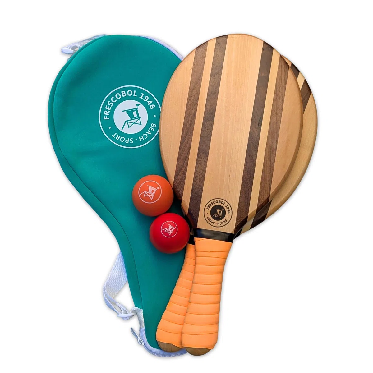 Set di 2 racchette da spiaggia in legno massiccio con palline, ispirazione brasiliana con borsa da trasporto in neoprene, design elegante