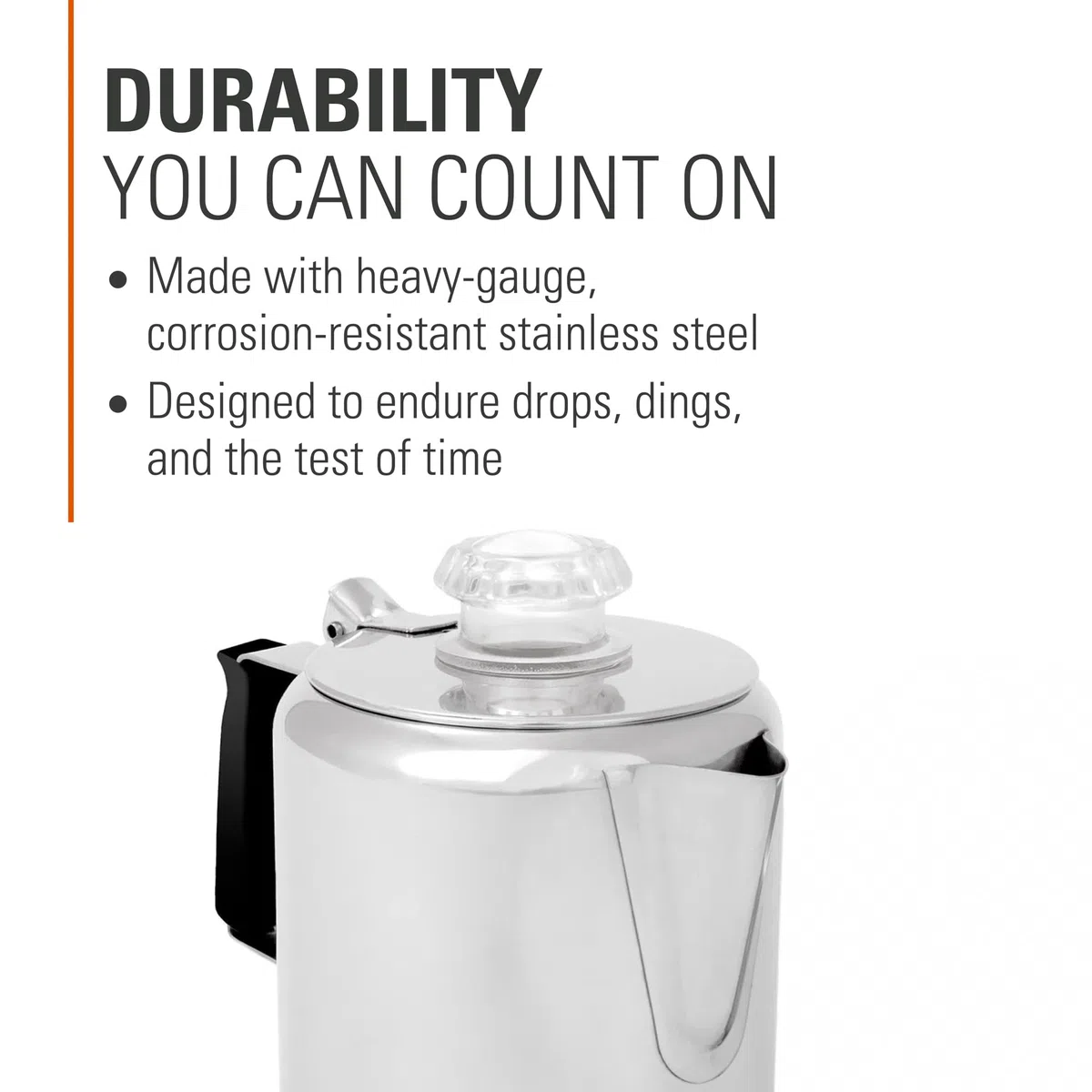 GSI Outdoors Caffettiera da 3 tazze in acciaio inox con manico in silicone per campeggio, viaggi, camper e caccia, sicura per stufa
