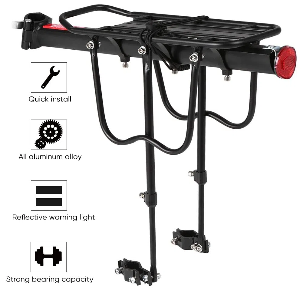 Portapacchi Posteriore per Bicicletta, Alluminio, Mountain Bike, con Riflettore, Carico Massimo 25 kg, Nero