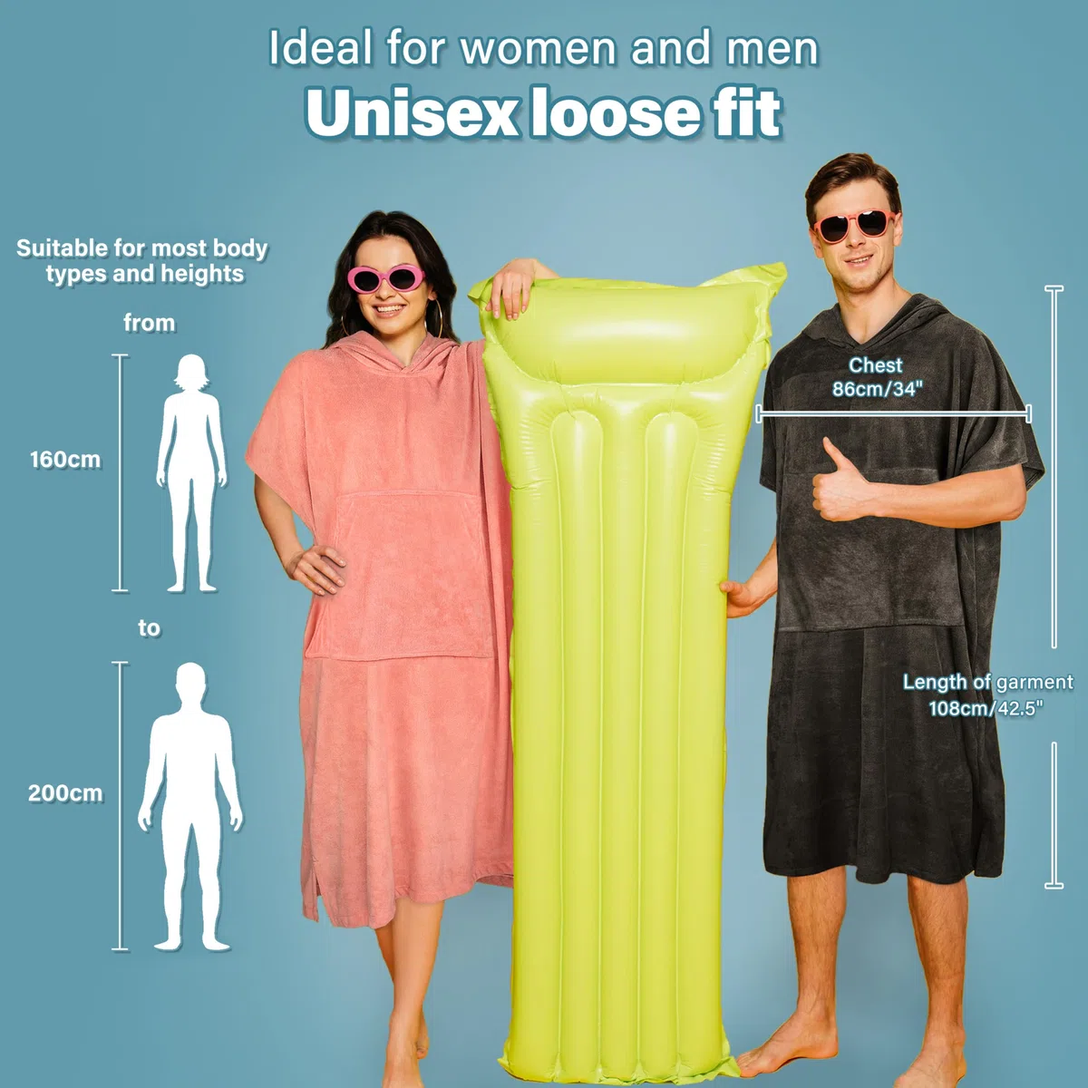 Kato Tirrinia Surf Poncho con borsa, Poncho da bagno in microfibra per donne e uomini, Poncho da spiaggia con cappuccio e asciugamano assorbente per il nuoto e gli sport acquatici della sauna, grigio