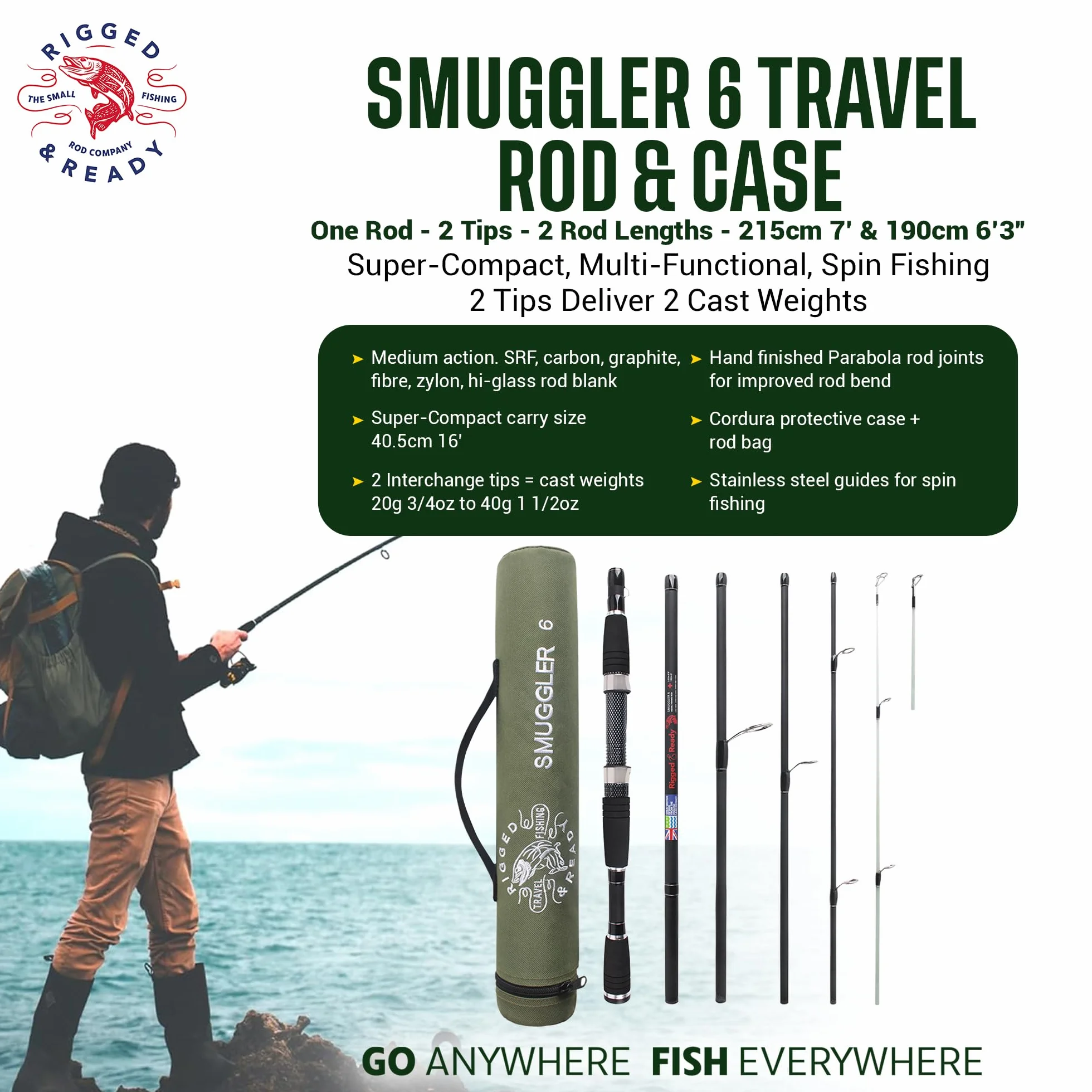 Smuggler Series - Canna da pesca e valigia da viaggio (Smuggler 5,6,7 e Max) - Canna da pesca nano carbonio per esche spinning, carpe, luccio, pesca in mare - 4 diverse canne per tutte le tue esigenze