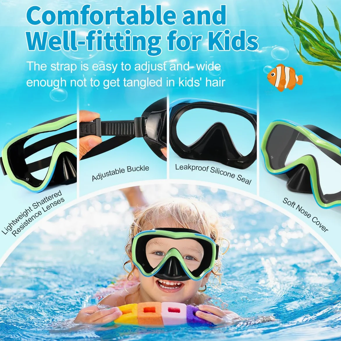 Maschera subacquea per bambini, anti-appannamento e anti-perdite, occhiali da snorkeling impermeabili in vetro temperato, per bambini dai 4 ai 14 anni