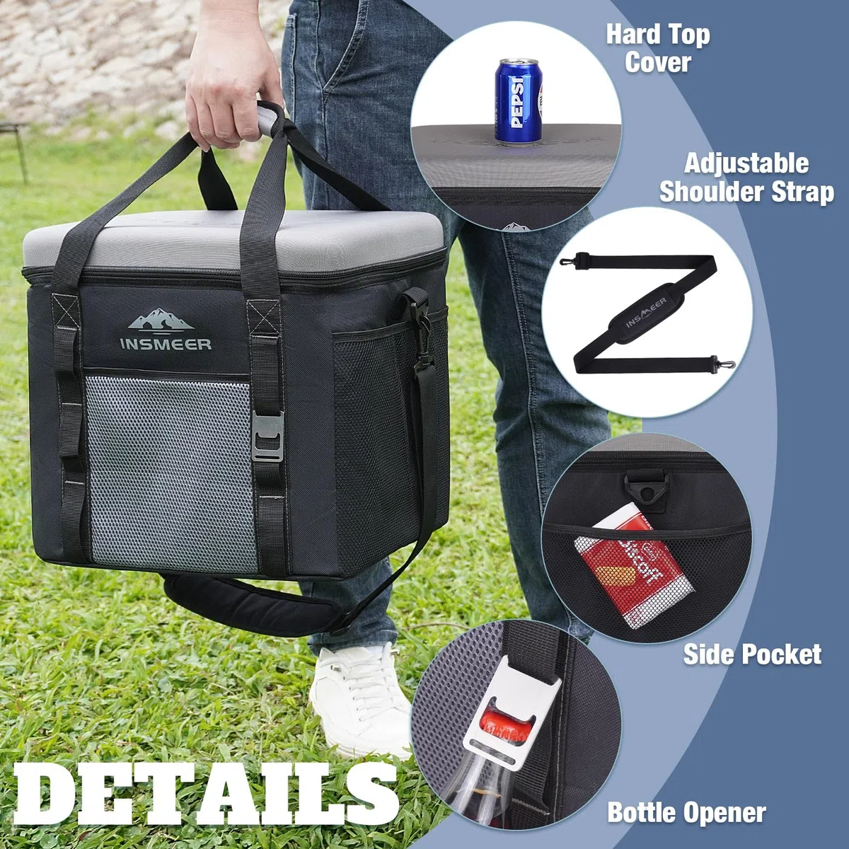 INSMEER Grandeborsa frigo da 40 l, 60 lattine, pieghevole, con coperchio rigido in EVA per bevande, borsa termica per 4 persone, campeggio, spiaggia, viaggi