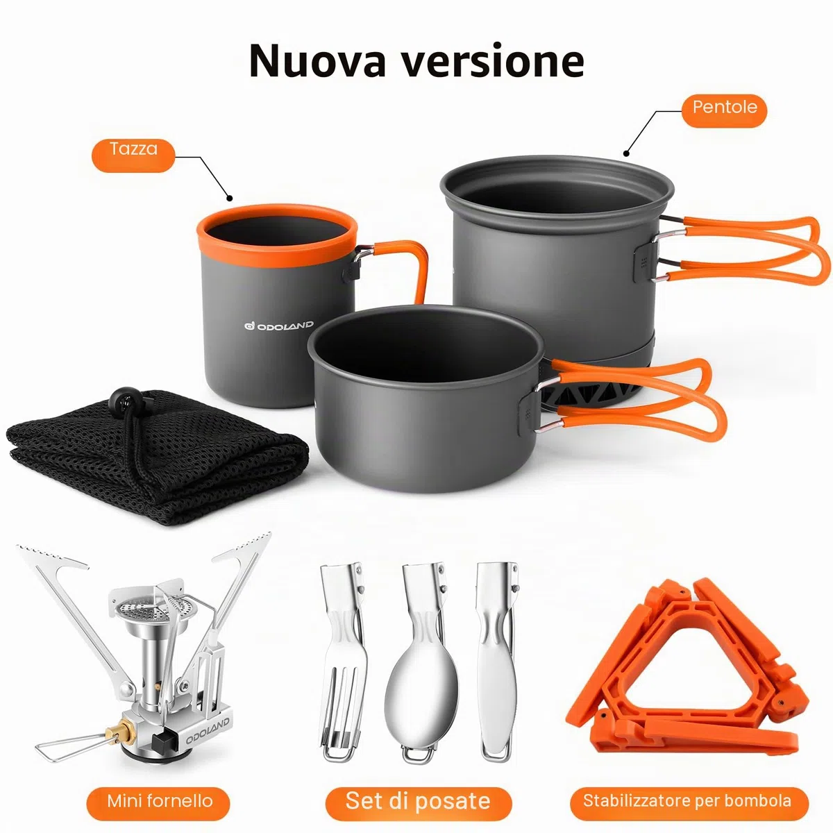 Odoland Kit di pentole da campeggio, 6 pezzi, alluminio, pentola antiaderente, mini fornello, tazza, posate e custodia, design efficiente