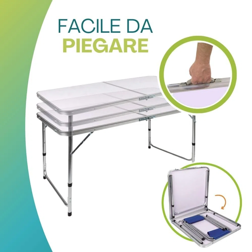 PALUPLUS Set Tavolo Campeggio in Alluminio con 4 Sgabelli Blu, Misura Tavolino 120x60x71 cm, Design Pieghevole a Valigetta con Maniglia, Foro per Ombrellone, per picnic, gita -8095F