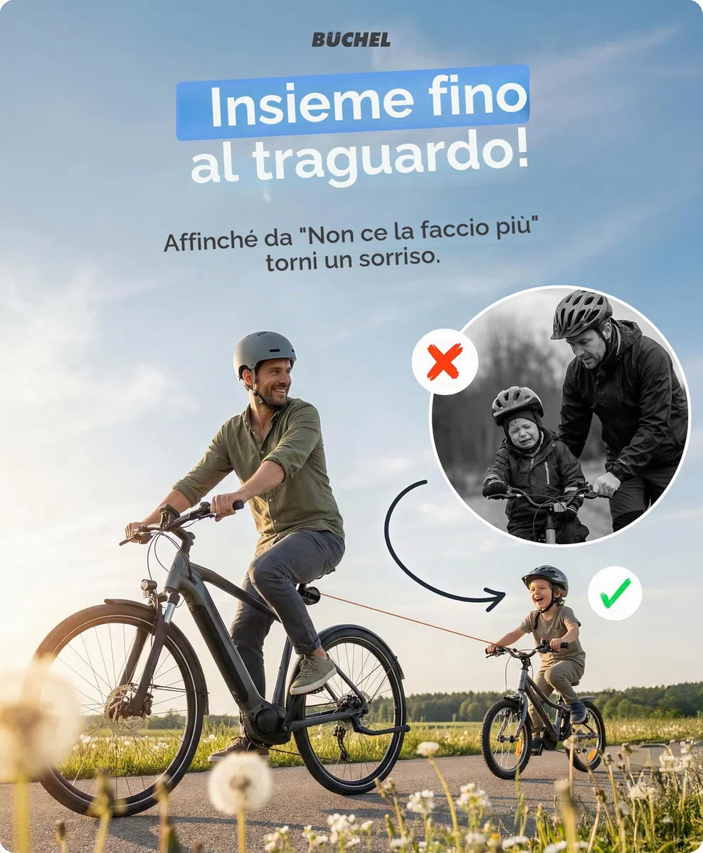 Büchel Corda di traino per bicicletta fino a 120 kg – 2,20 m corda di traino per bambini, con linguetta di estrazione e protezione all'abrasione – Robusto moschettone e 3 montabile, per biciclette per