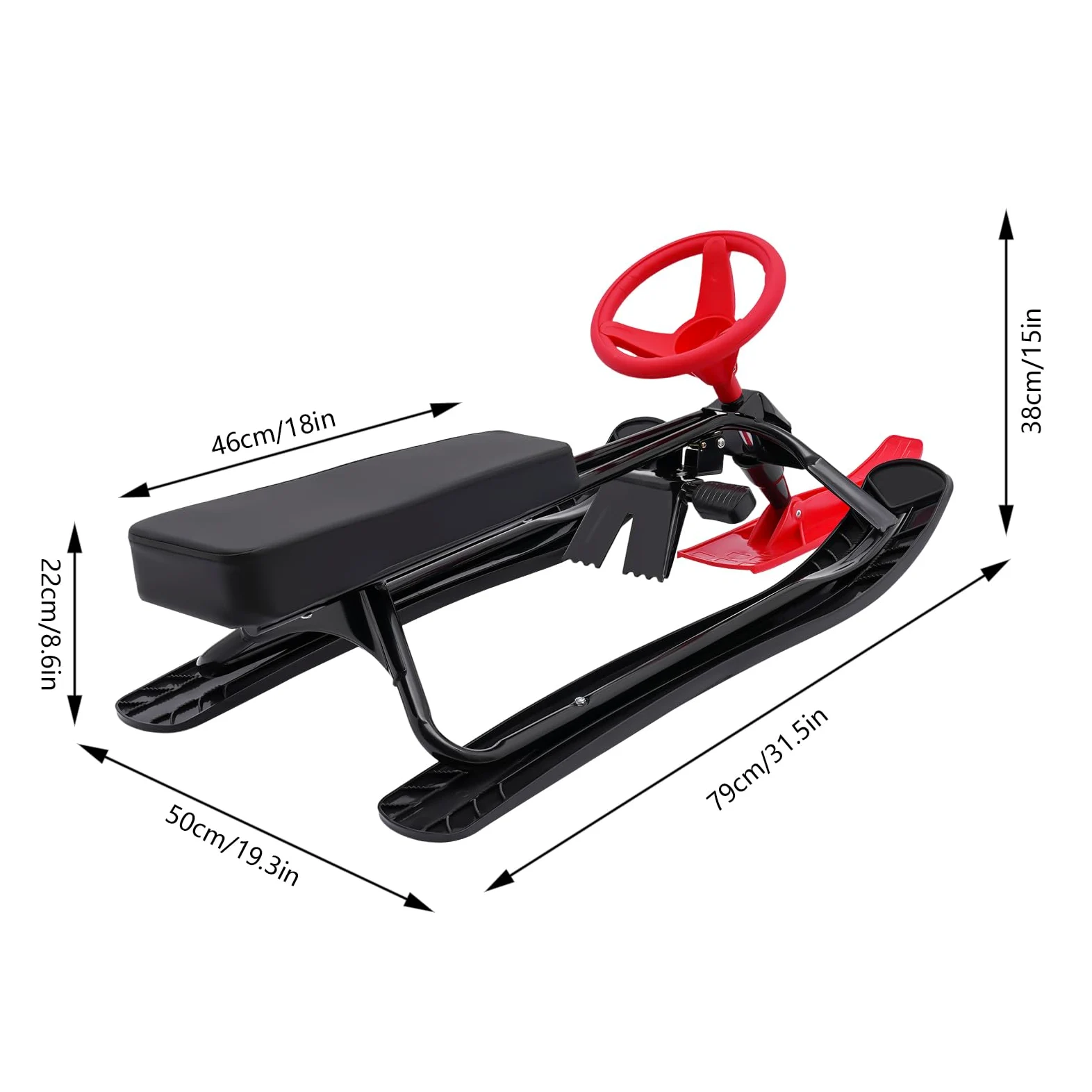 Bob Slittino con volante e freno a pedale, portata 100 kg, per adulti e bambini, 3-15 anni, slitta ergonomica per sci, neve, ghiaccio