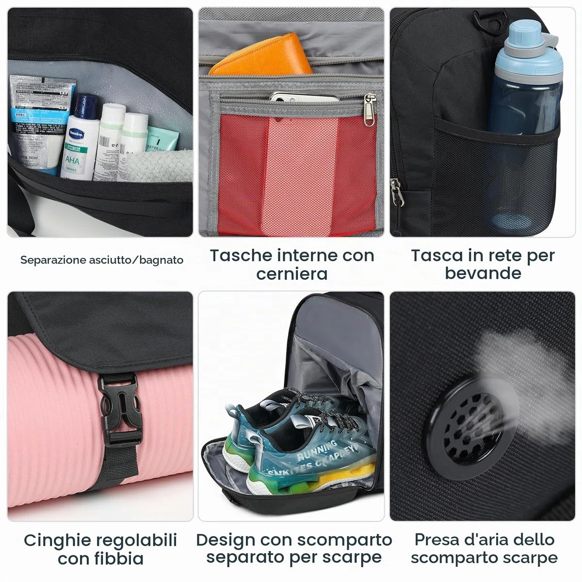 Borsone Palestra Borsa Sportiva con Tasca Bagnata e Scomparto Scarpe Impermeabile Borsone da Viaggio per Uomo Donne Grande Capacità Borsa da Palestra per Sport Viaggi Nuoto,55L