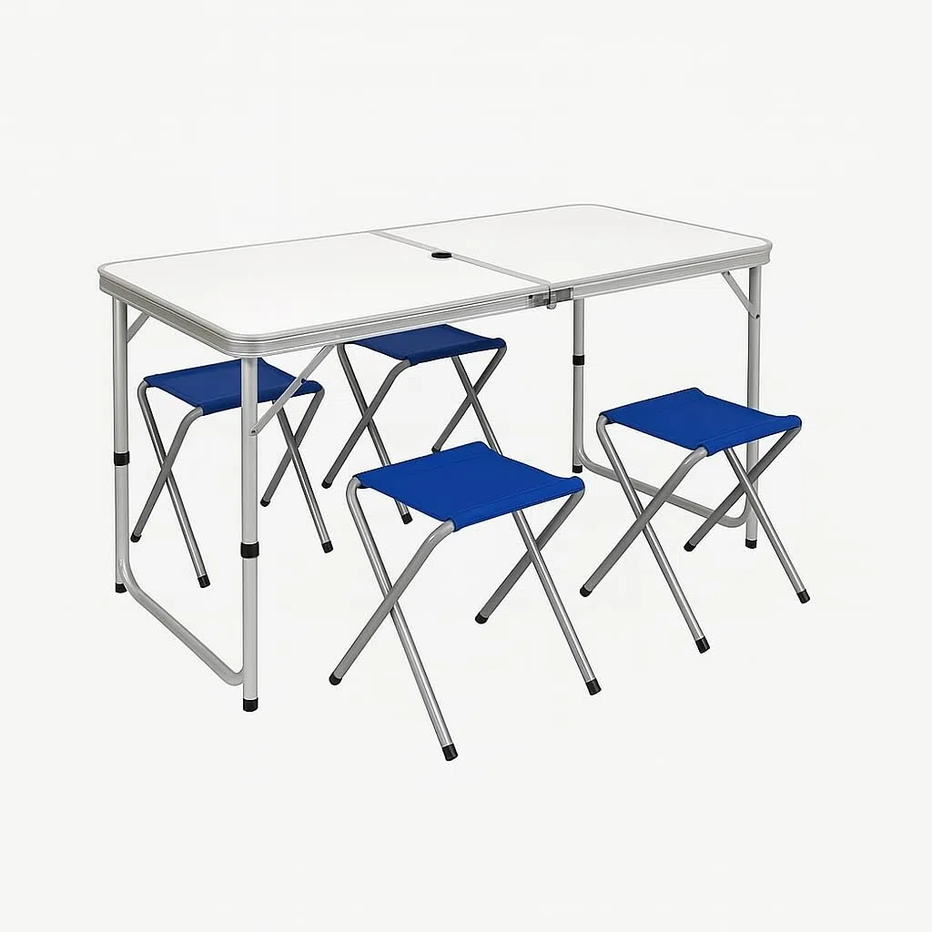 PALUPLUS Set Tavolo Campeggio in Alluminio con 4 Sgabelli Blu, Misura Tavolino 120x60x71 cm, Design Pieghevole a Valigetta con Maniglia, Foro per Ombrellone, per picnic, gita -8095F