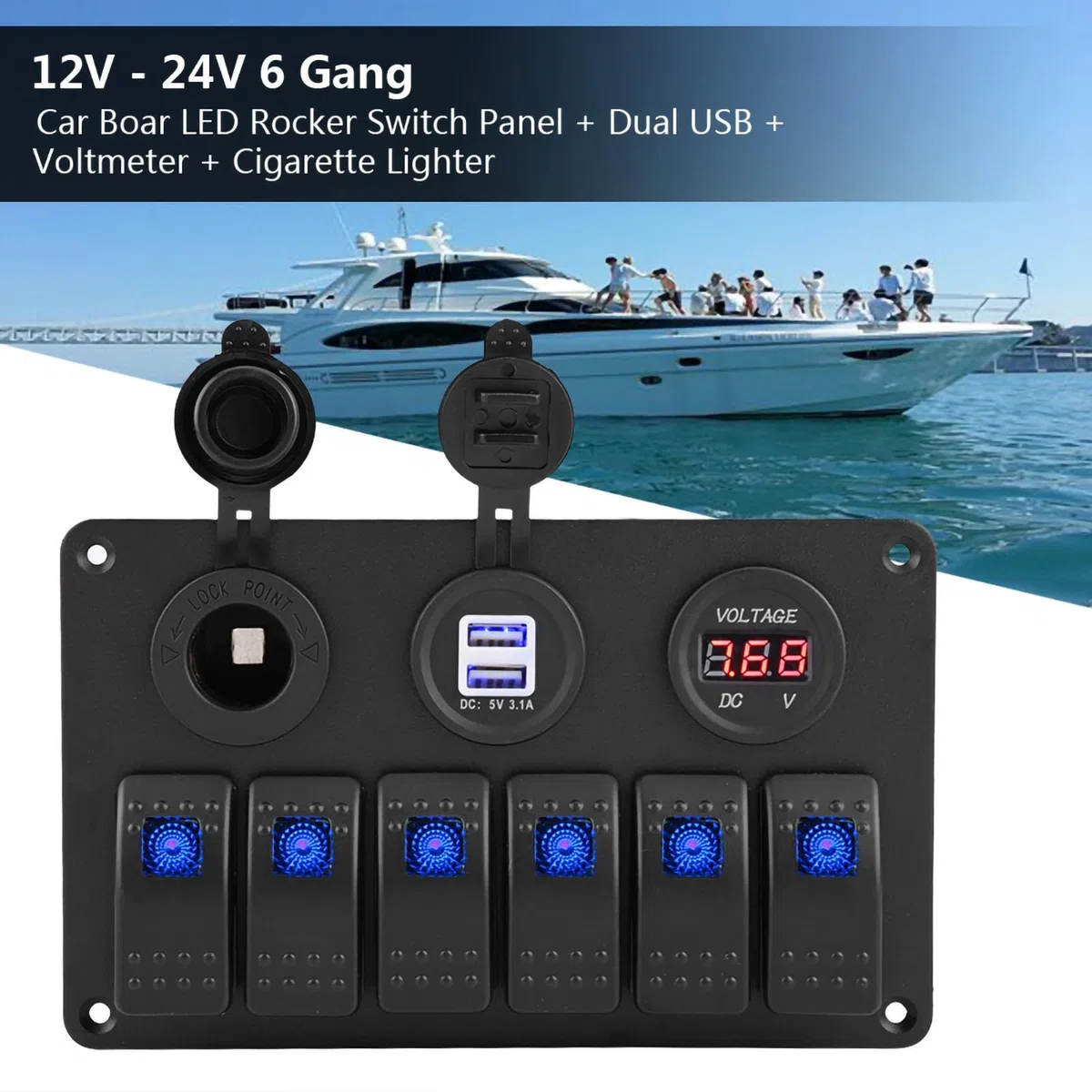 Interruttore a bilanciere LED Interruttore pannello USB Pannello e scheda PCB Protezione sovraccarico per auto RV Boat Marine 12V-24V 6 Gang(Blu),Serie barca/yacht