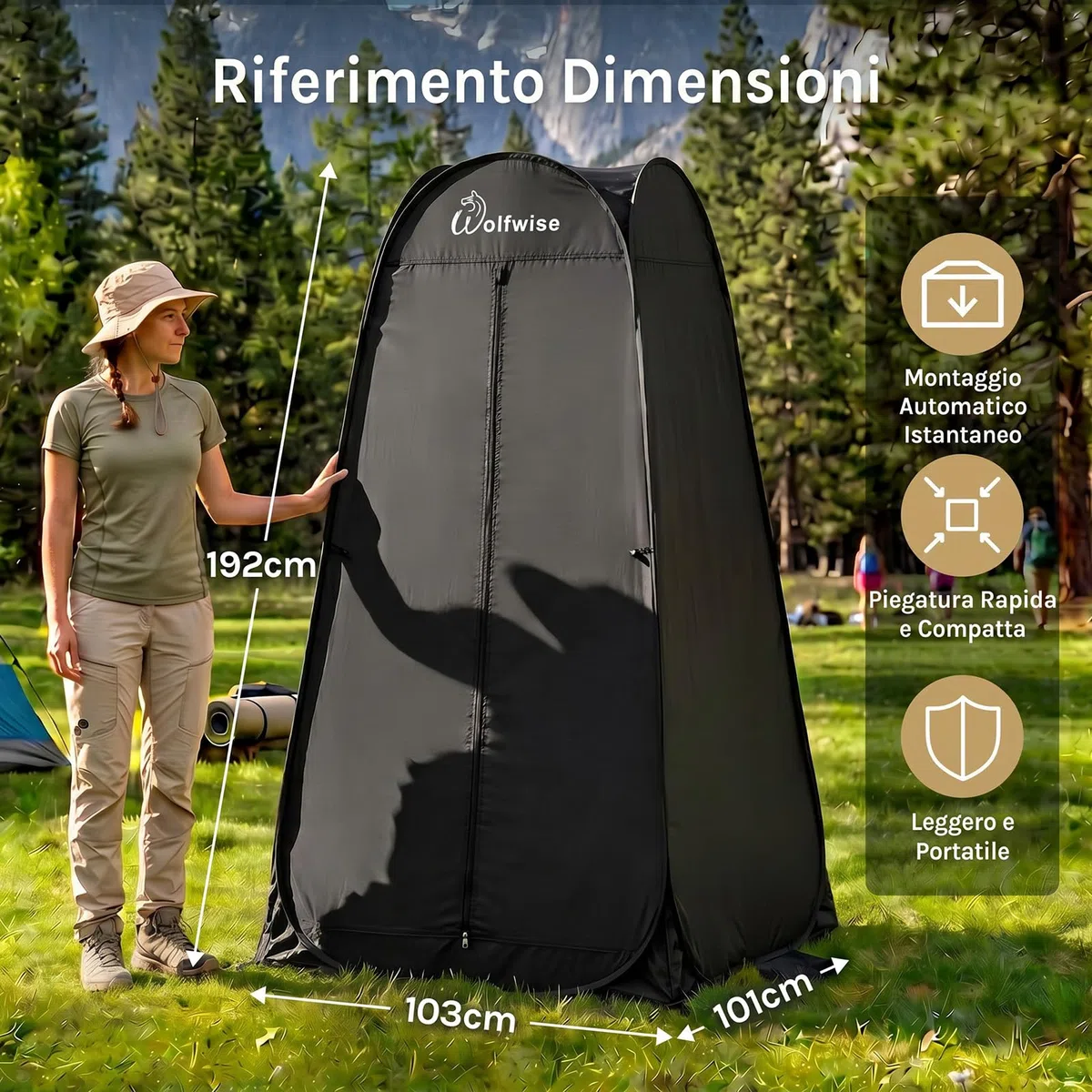 Wolfwise Tenda ad Apertura Istantanea Pop-Up, per Campeggio Spiaggia Bagno Spogliatoio Doccia Riparo Privato, WC, Toilet, Larghezza 40" (101 cm), Altezza 75" (190 cm), Nero