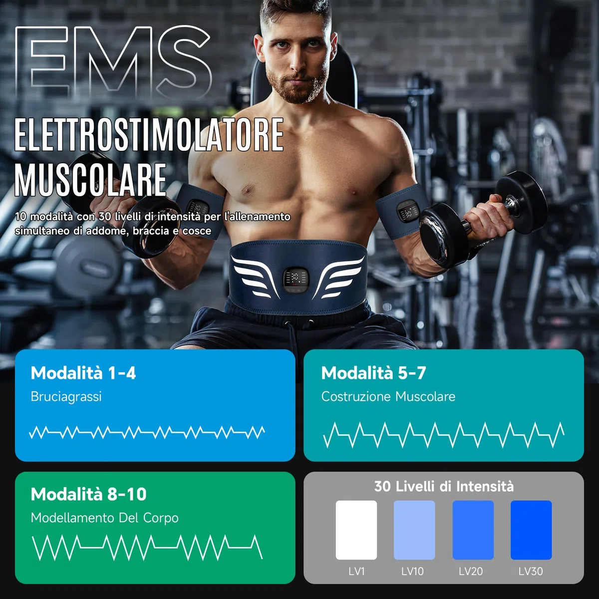 Profey Elettrostimolatore Muscolare EMS, Elettrostimolatore Addominali con 10 modalità E 30 Intensità, EMS Addominali Stimolatore per Braccio Gambe Uomo Donna, Elettrodi in Alluminio