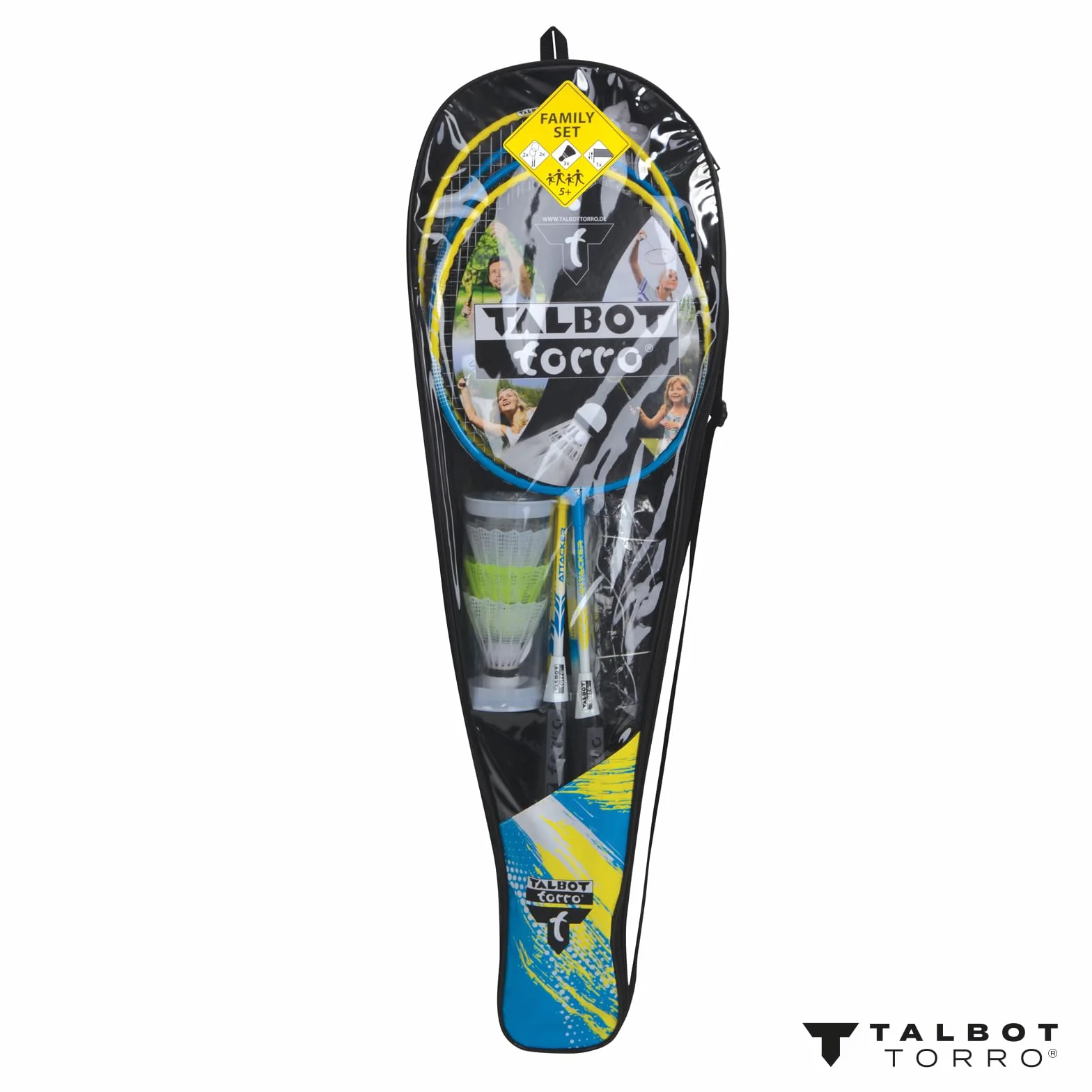 Talbot Torro Set da Badminton Family, 2 Racchette Junior da 53cm, 2 Racchette Standard, 3 volani, Rete Regolabile in Altezza, in Una Borsa di qualità