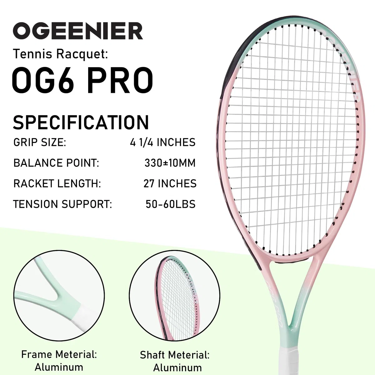 OGEENIER Rack da tennis, racchetta da tennis da 27 pollici, racchetta da tennis da donna, per adulti, principianti e per il tempo libero, leggera con 1 overgrip e 3 palline e 1 ammortizzatore da
