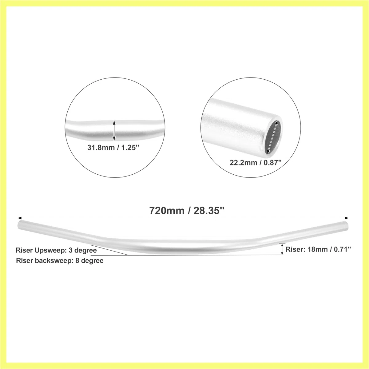 QUARKZMAN Manubrio per Mountain Bike, Diametro 31,8mm Manubrio Rialzato per Bicicletta, Manubrio Rialzato da 720mm per Bicicletta, Manubri Bici da Strada e Mountain Bike, Tonalità Argento