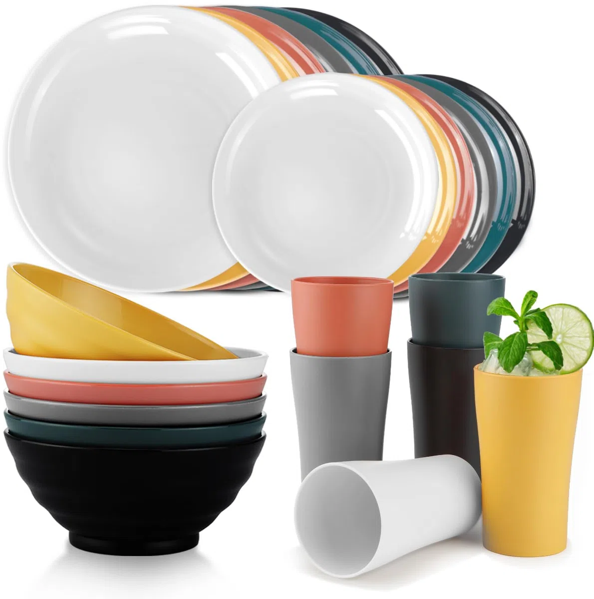 Bestdin Set di stoviglie da campeggio per 6 persone, 24 pezzi, infrangibili, piatti e bicchieri per picnic, feste, senza BPA, lavabile in lavastoviglie