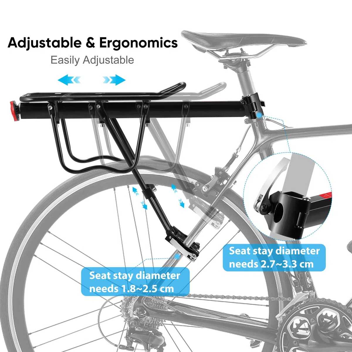 DazSpirit Portapacchi Bici, Portapacchi Bici Posteriore Regolabile, Portapacchi mtb Posteriore, Rilascio Rapido, porta pacchi bici carico Massimo di 60kg con riflettore, Materiale in Lega di Alluminio