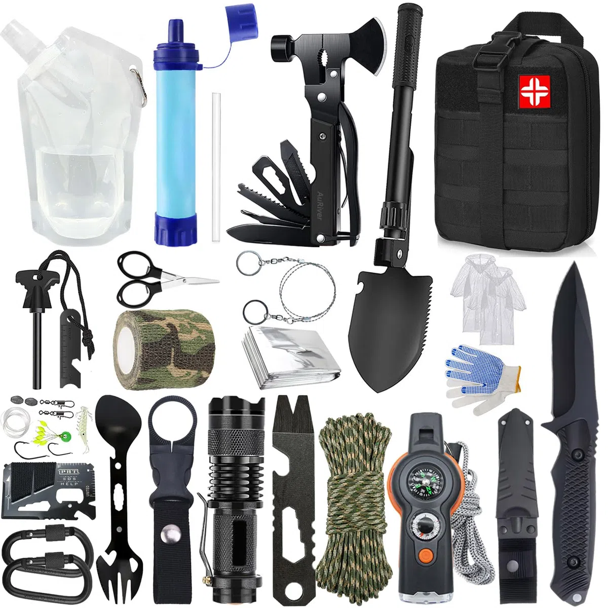 Kit di sopravvivenza 22 in 1, kit di emergenza per esterni, attrezzatura di sopravvivenza per esterni con filtro per acqua, sacca d'acqua per campeggio, avventura, escursionismo (Nero)