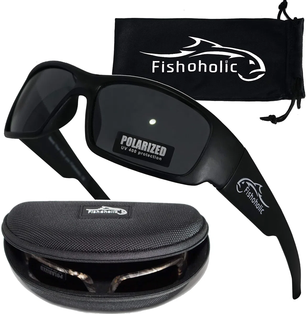 Fishoholic occhiali da sole polarizzati da pesca (montatura nera opaca con lente nera opaca) con custodia rigida e custodia 100% protezione UV, miglior regalo per pescatori, papà, ecc.