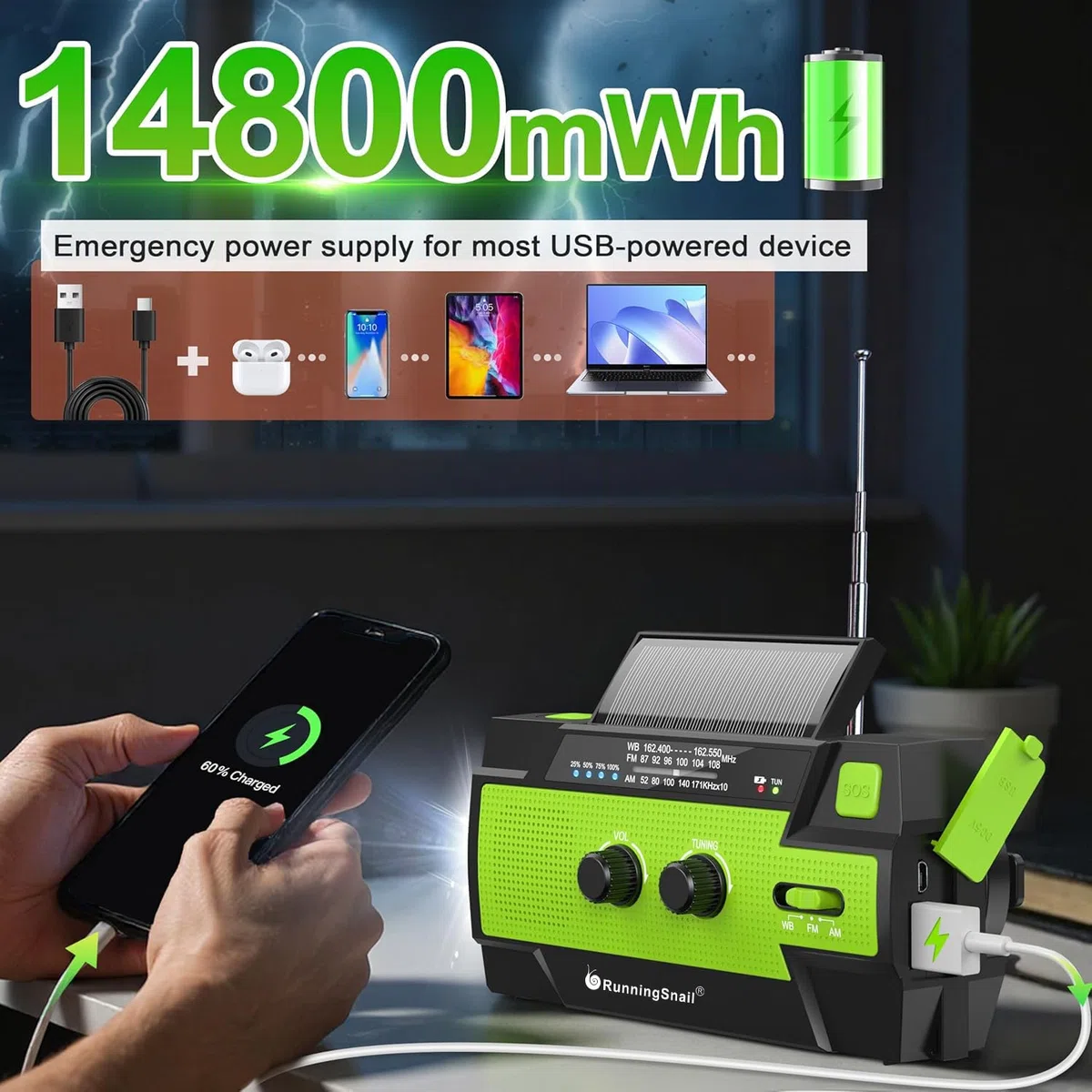 Radio di emergenza a manovella, 4000 mAh, con manovella a energia solare, portatile, AM/FM/NOAA, radio meteorologica con torcia da 1 W e lampada da lettura con sensore di movimento, caricabatterie per