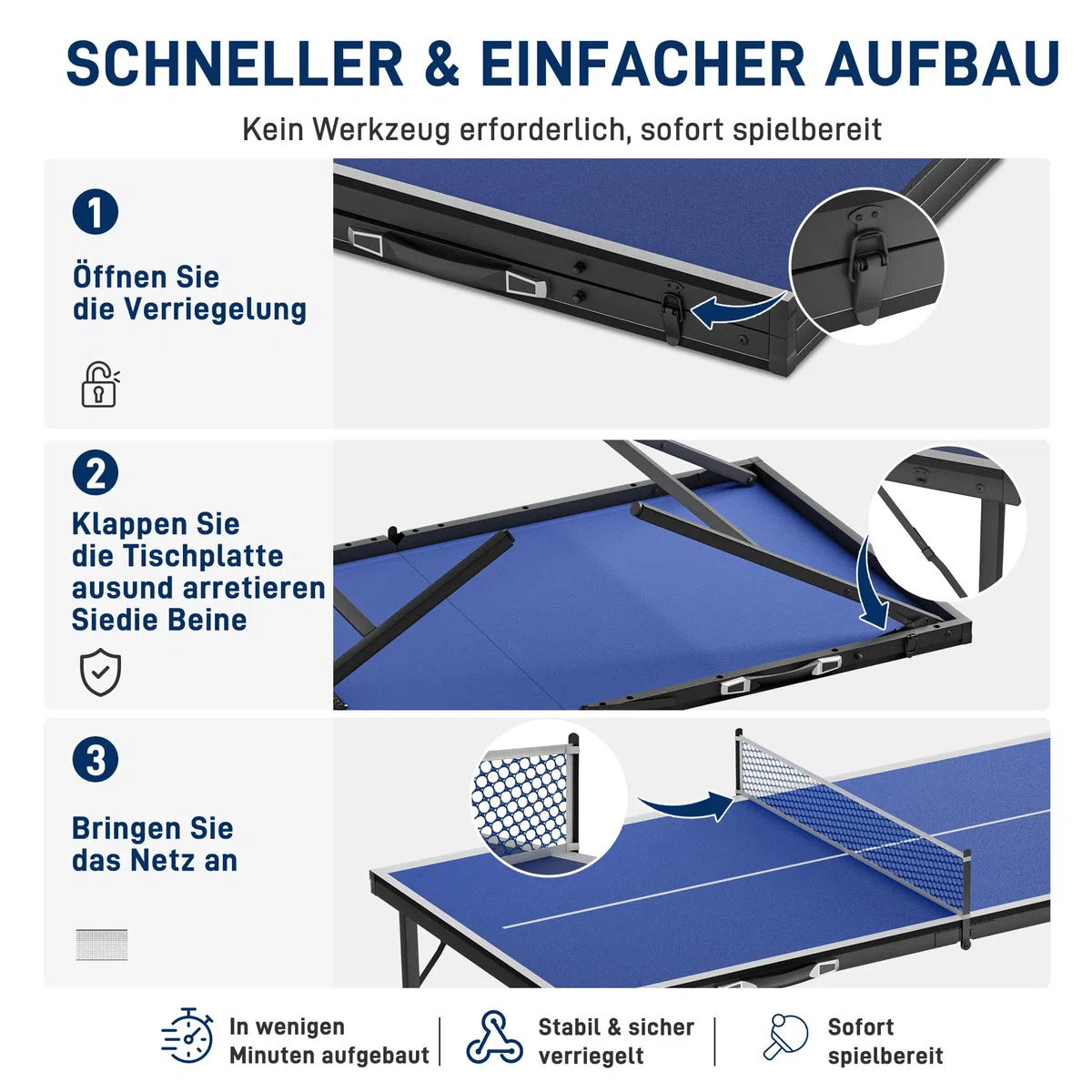 LILIIN Mini tavolo da ping pong pieghevole, design a valigetta, per interni ed esterni, pannello in MDF con rete, 2 racchette e 5 palline, borsa per il trasporto integrata, nero/blu, 152,5 x 76 cm