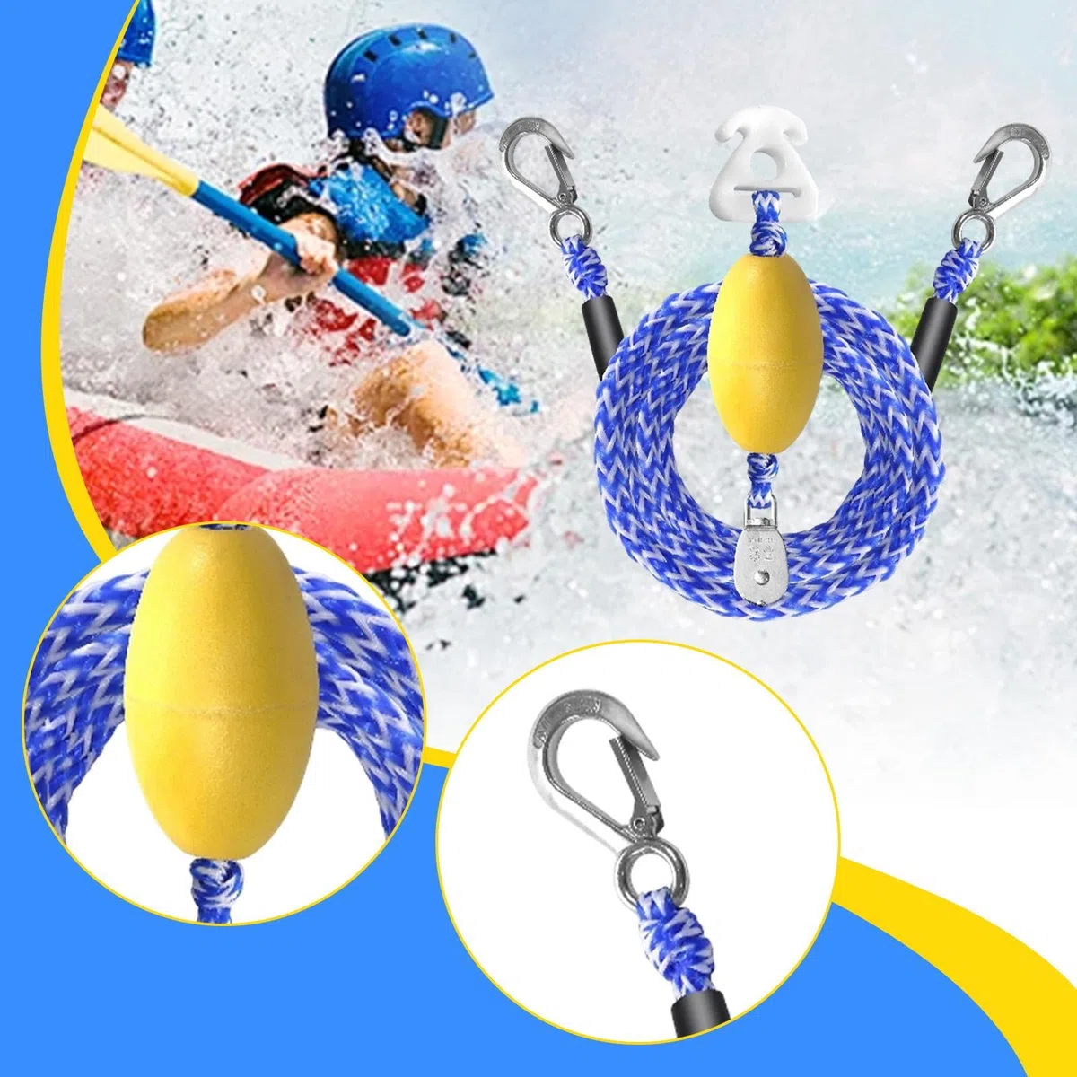 Imbracatura da traino per barca, corda da traino per tubi, 4,6 m, con ganci in acciaio, resistenza alla trazione fino a 1360,8 kg, per sciatori, wakeboarder, barche gonfiabili