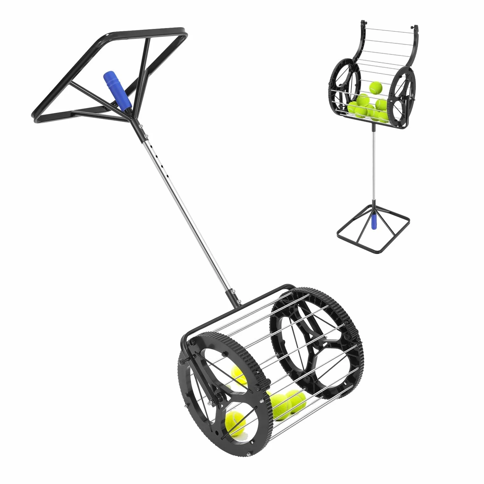 Raccoglitore automatico per palline da tennis, capacità 80 palline, cestino da raccolta 2 in 1 con altezza regolabile, raccogli palline con manico, tramoggia portatile per campo