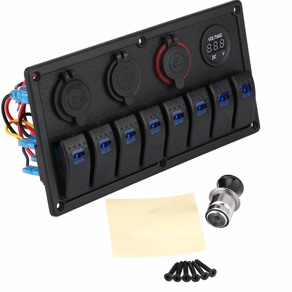 8 Gang Rocker Switch LED Control Panel Dual USB Voltmeter Cigarette Lighter SPST/ON-OFF Universal for all 12V-24V vehicle, yacht, ship, caravan, bus, car