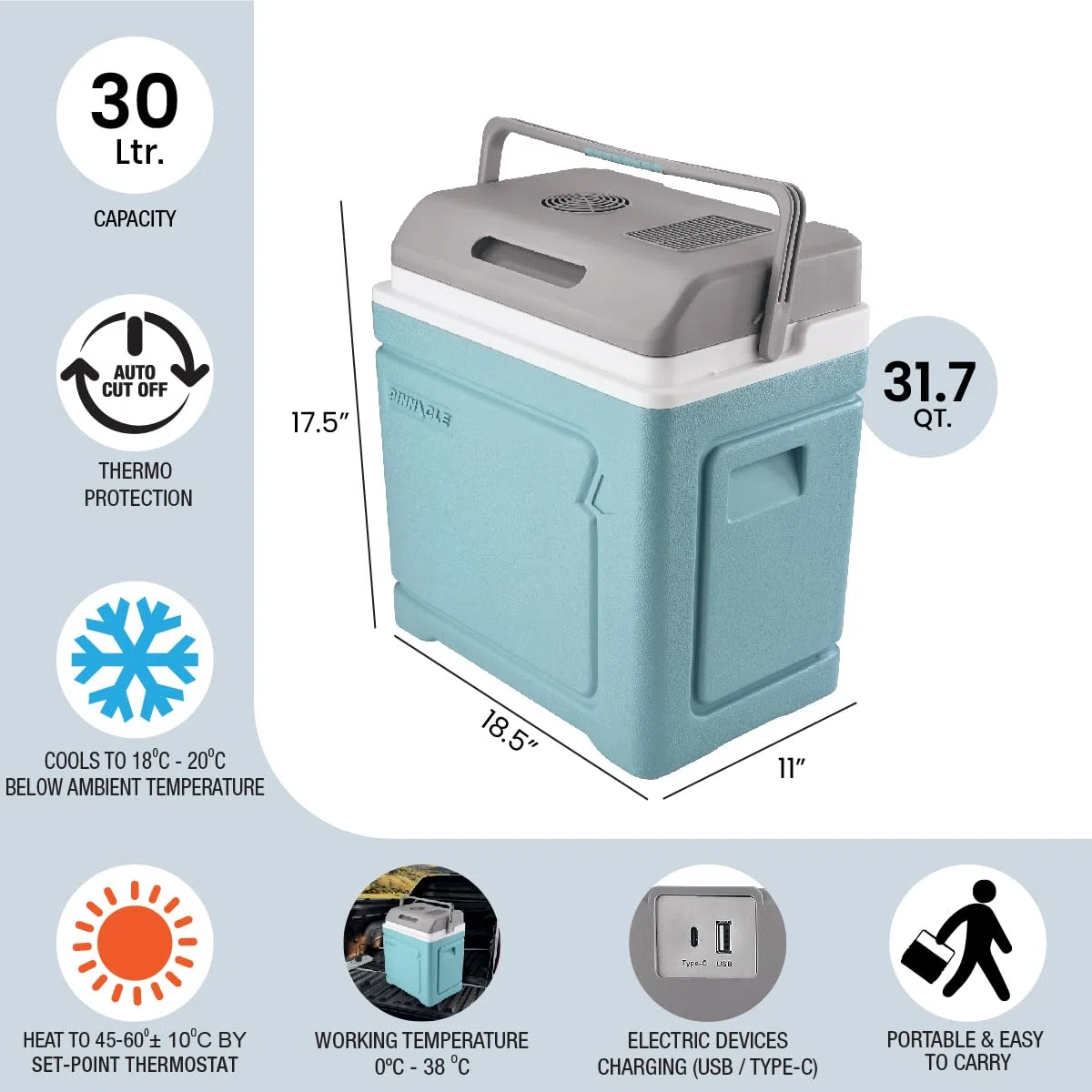 Pinnacle Thermoware Raffreddatore elettrico – Grande 30 L portatile per bevande calde e fredde e cibo – 12 V raffreddamento da viaggio per auto, camper, camper, furgone – frigorifero plug-in per