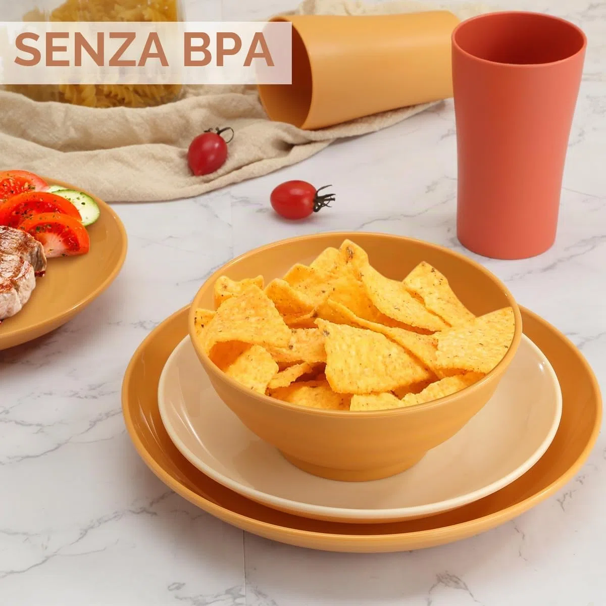 Bestdin Set di stoviglie da campeggio per 6 persone, 24 pezzi, infrangibili, piatti e bicchieri per picnic, feste, senza BPA, lavabile in lavastoviglie