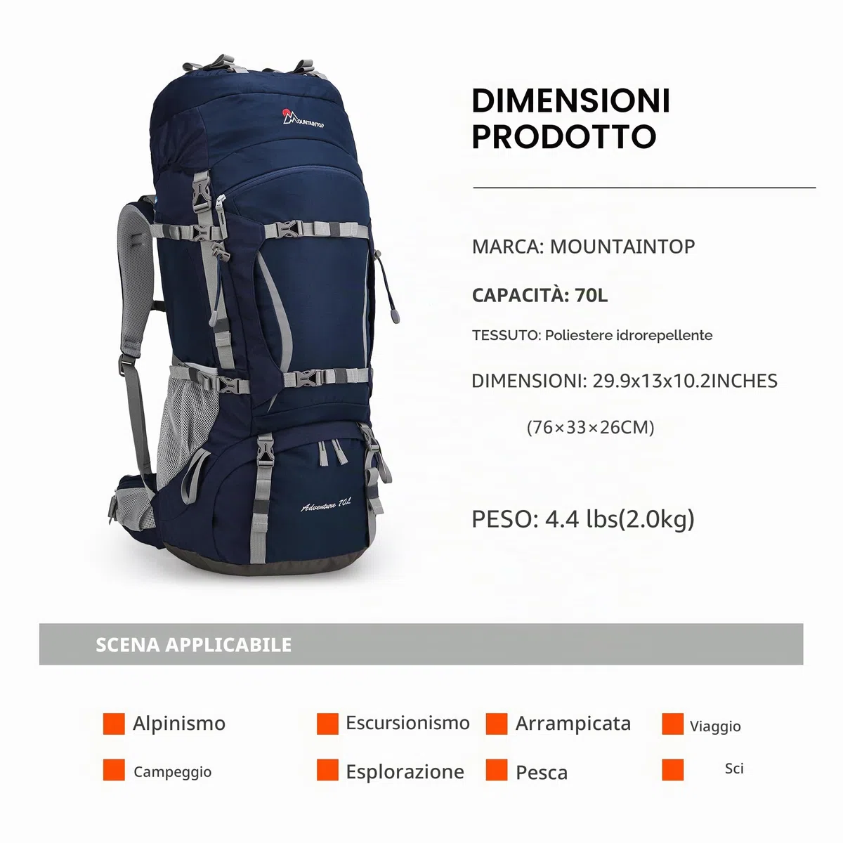 MOUNTAINTOP 70L Zaino da Trekking Donna e Uomo Zaino da Campeggio Impermeabile Zaino Escursione Unisex con Copertura di Pioggia per Viaggio, Hiking, Montagna, Alpinismo