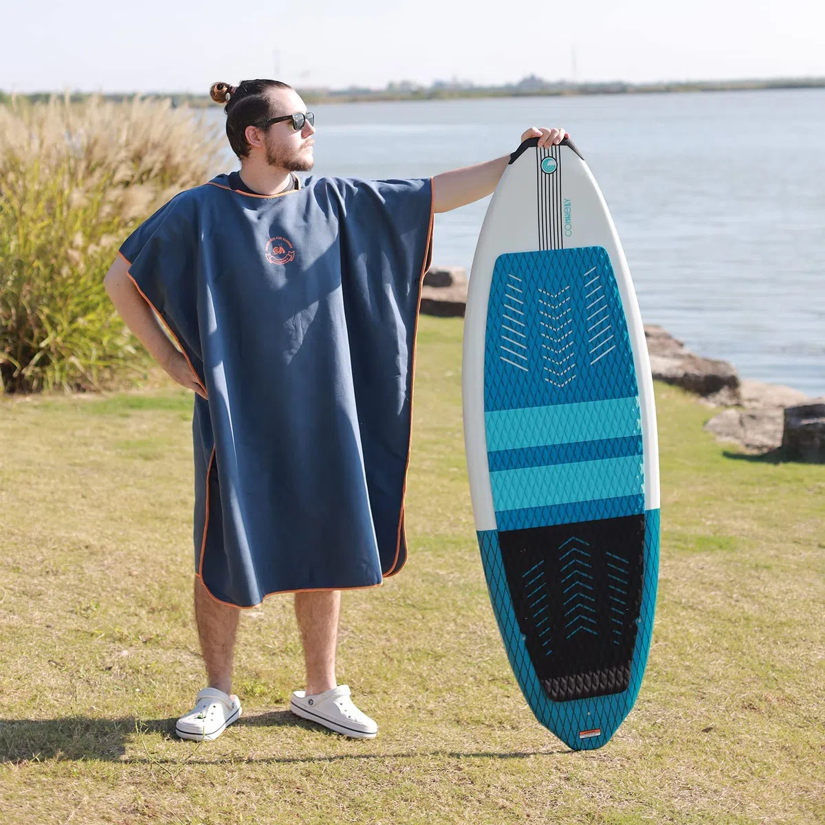 HITURBO - Asciugamano a poncho, in microfibra, con cappuccio, per il nuoto e la spiaggia, Blu mare