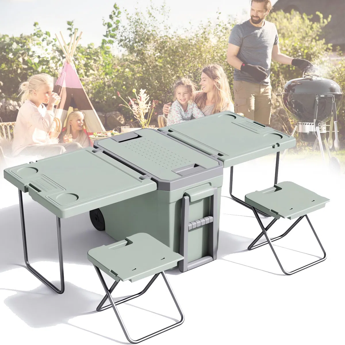 Contenitore termico termico con tavolo pieghevole e sedia, 32 l, portatile, multifunzione, per campeggio, attività all'aperto, conservazione degli alimenti e refrigerazione