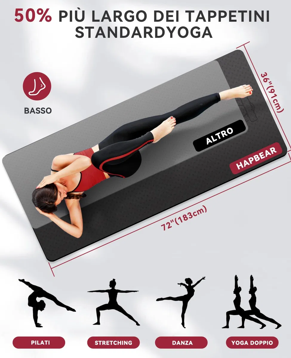 HAPBEAR Tappetino da Yoga Extra Large - 183 cm x 91 cm x 6 mm, TPE Antiscivolo, per Allenamenti a Casa, Yoga, Pilates e Stretching, Resistente, Ecologico,Inclusi Bande di Resistenza e Borsa da Portare