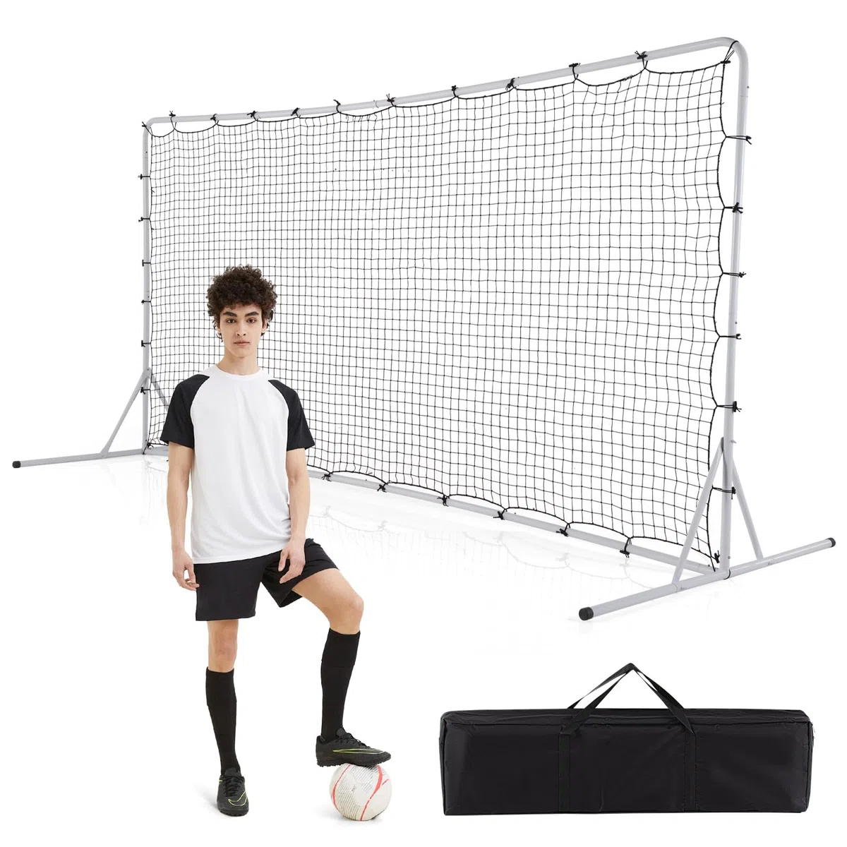Rete da rimbalzo portatile per calcio, attrezzatura per allenamento di calcio da 12 piedi x 6 piedi con borsa per il trasporto e picchetti da terra, rete da calcio con struttura in metallo per cort