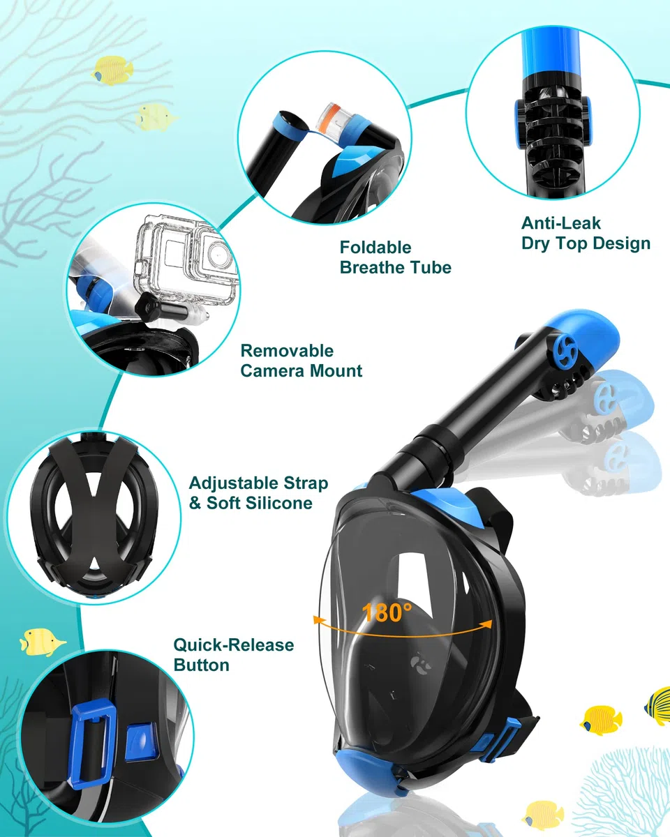 Viginsul Set di attrezzatura da snorkeling per adulti e bambini, maschera integrale pieghevole con pinne regolabili